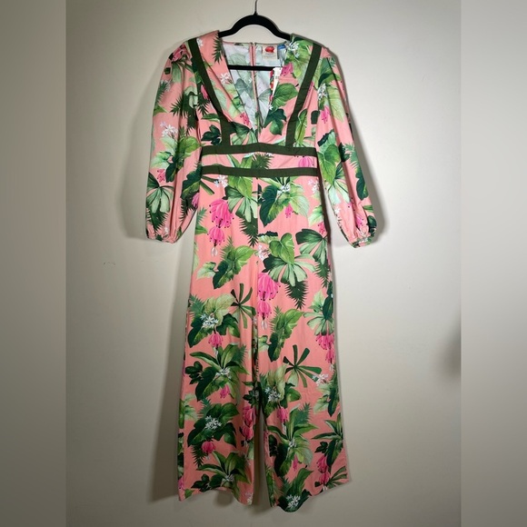 Farm Rio Anthropologie Deep-V Wide Leg Jumpsuit Tropical Floral Pink NWT Sz XS - Picture 5 of 16